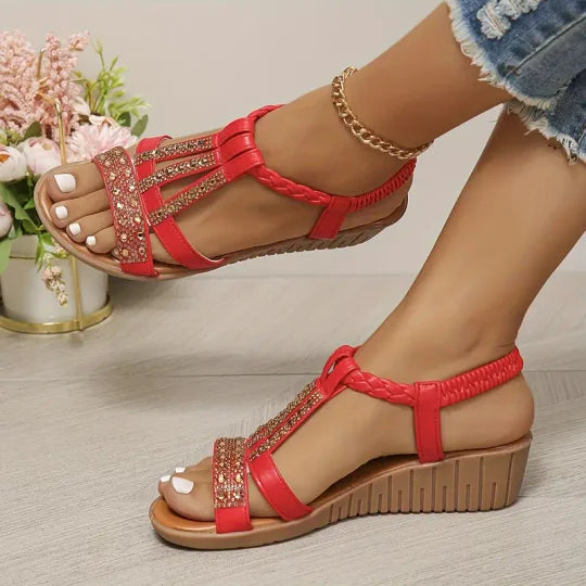 Bohemian Women Wedge Heels Rhinestone Crystal Strap Sandals