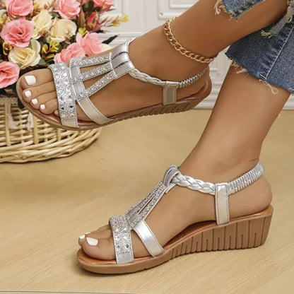 Bohemian Women Wedge Heels Rhinestone Crystal Strap Sandals