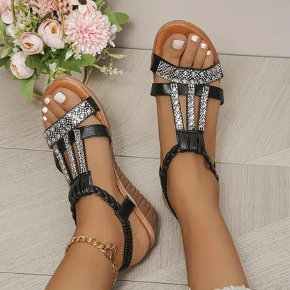 Bohemian Women Wedge Heels Rhinestone Crystal Strap Sandals