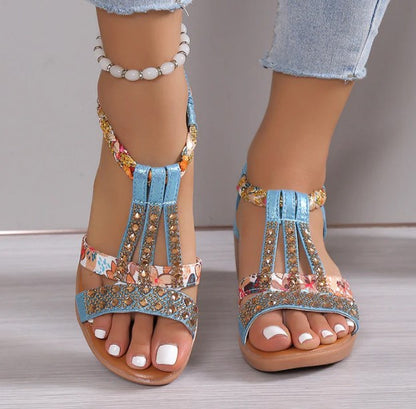 Bohemian Women Wedge Heels Rhinestone Crystal Strap Sandals