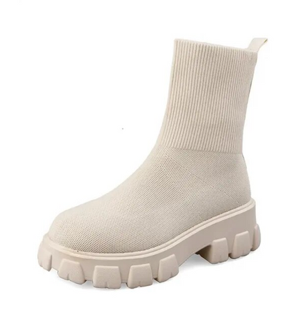 Ankle Boots Women Mid Calf Knit Chunky Shoes