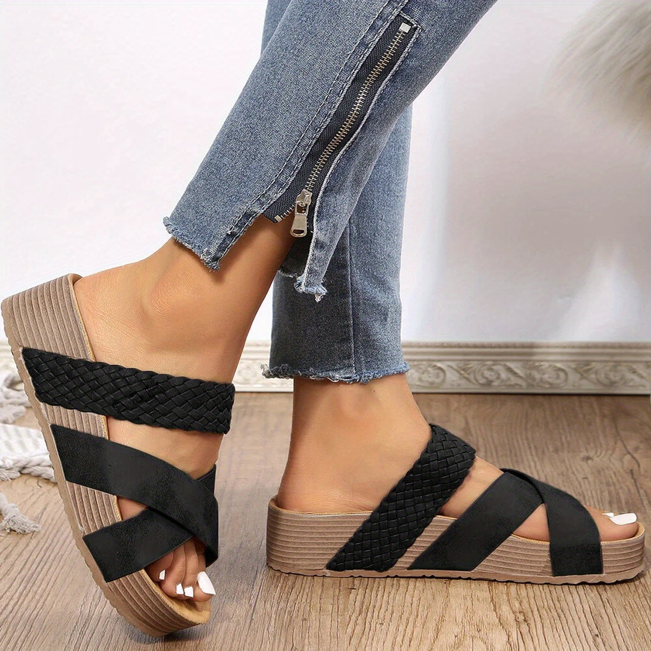 Braided Detail Criss Cross Platform Slippers