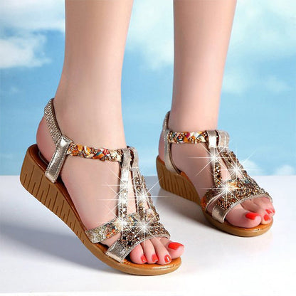 Bohemian Women Wedge Heels Rhinestone Crystal Strap Sandals