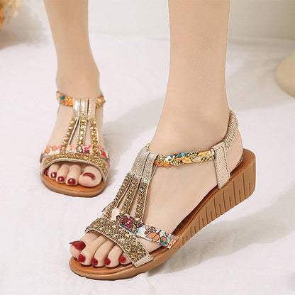 Bohemian Women Wedge Heels Rhinestone Crystal Strap Sandals