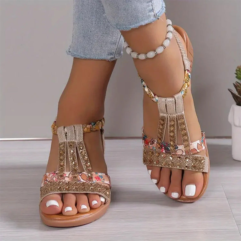 Bohemian Women Wedge Heels Rhinestone Crystal Strap Sandals